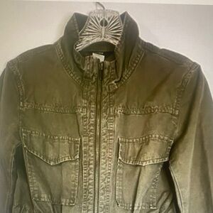 J Crew Military Green Cotton Drawstring Unlined Jacket Zip Up High Neck Size XS